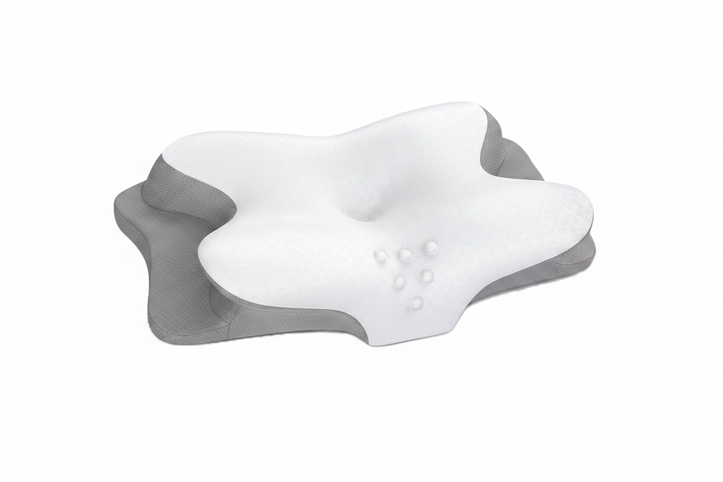Cervical memory foam pillow with ergonomic contoured shape — white background — Trendvault