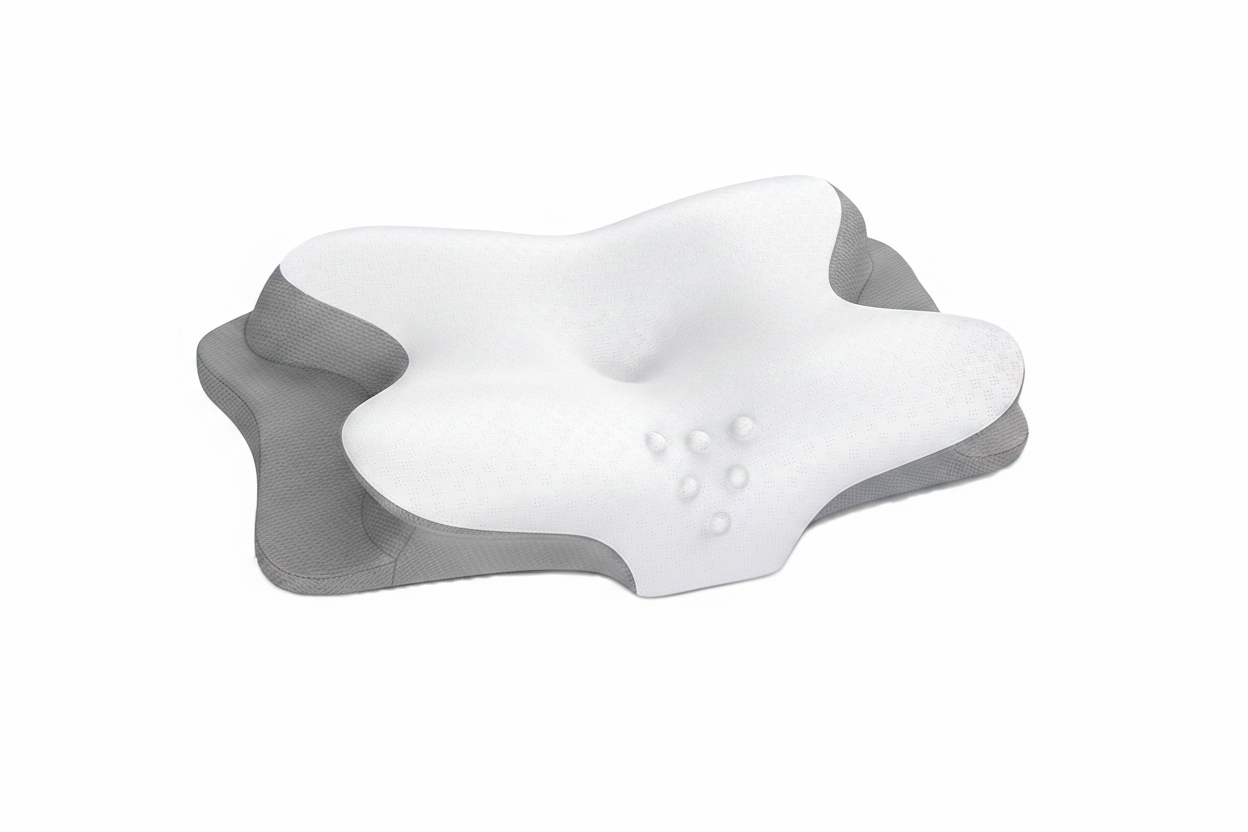 Cervical memory foam pillow with ergonomic contoured shape — white background — Trendvault