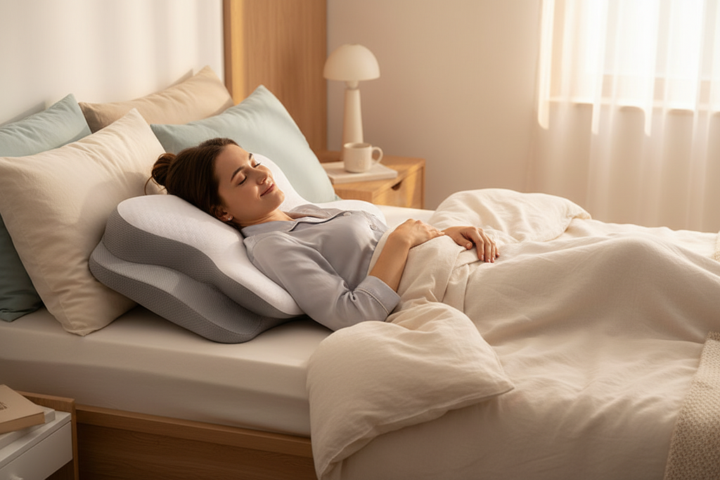 Woman sleeping comfortably on cervical memory foam pillow in soft neutral bedroom — Trendvault